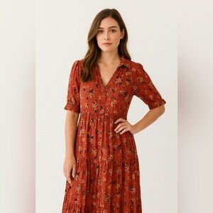 Kate & Sam Terracotta Floral Tiered Boho Cottagecore Midi Dress